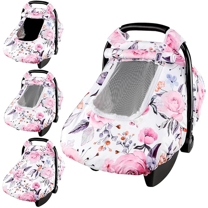 Floral Baby Carseat Cover Girls, Pea Pod Infant Car Seat Covers Canopy for Newborn with 2 Layers Windows of Breathable Mesh/Fabric, Lightweight Polyester/Minky Dot Backing, Snug Fit Most Baby Car Seat-BubblyBeeBaby