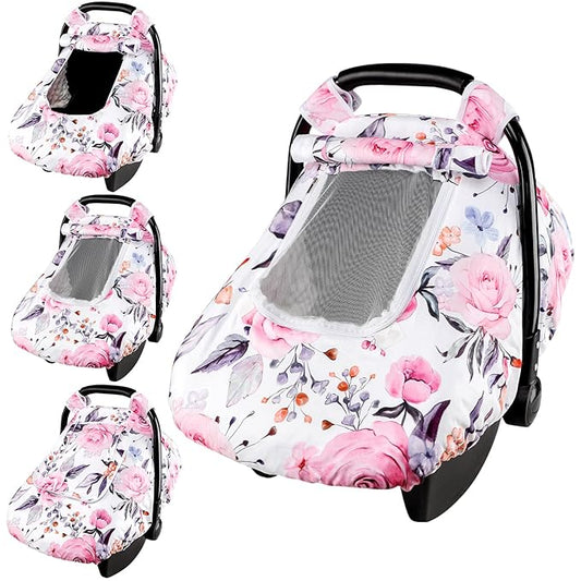 Floral Baby Carseat Cover Girls, Pea Pod Infant Car Seat Covers Canopy for Newborn with 2 Layers Windows of Breathable Mesh/Fabric, Lightweight Polyester/Minky Dot Backing, Snug Fit Most Baby Car Seat-BubblyBeeBaby