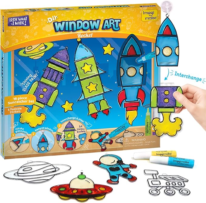 Imagimake Window Art for Kids - Rocket | Suncatcher Kits for Kids, Arts and Crafts for Ages 6-8 | Birthday Gifts for 5 6 7 8 9 10 11 12 Years Old Boys & Girls-BubblyBeeBaby