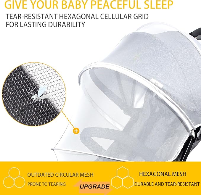 Mosquito Net for Stroller, Universal 3D Baby Bug Net with Two-Way Zippers & Storage Bag, Breathable & Foldable Netting for Stroller,Cradle（White）-BubblyBeeBaby