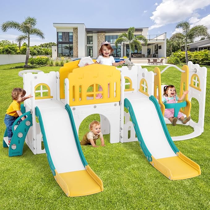 JOYLDIAS 10 in 1 Toddler Slide, Double Kid Climber Slide Playset w/Swing, Basketball Hoop, Telescope, Tunnel, Storage Space and Non-Slip Steps, Indoor Outdoor Backyard Playground Toy for Toddlers-BubblyBeeBaby