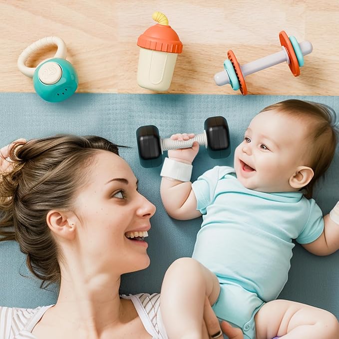 iPlay, iLearn Baby First Gym Rattle Set, Infant Dumbbell Weights Teething Rattles 3-6-12 Month, Newborn Workout Sensory Stroller Toy, Babies Birthday Shower Gift 5 7 8 9 10 Month Toddler Boy Girl-4PCS-BubblyBeeBaby