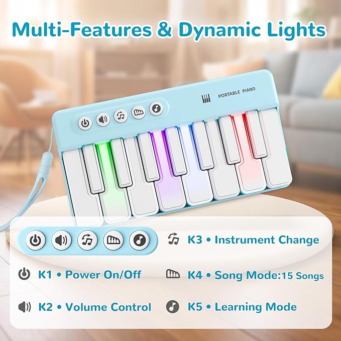 iPlay, iLearn Kids Mini Piano Toy W/Rainbow Lights, Portable Travel Piano Keyboard Toddlers Musical Instrument Learning Toys, Music Interactive Birthday Gift for 2 3 4 5 6 Year Old Boys Children-BubblyBeeBaby