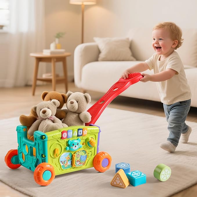 Interactive Learning Push Walker Toy for Toddlers, Musical Activity Wagon with Handle, Educational Rolling Cart with Blocks-BubblyBeeBaby