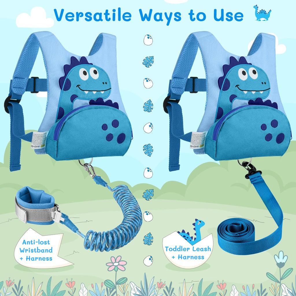 Dr.meter 3 in 1 Toddler Harness Leash + 8.2ft Anti Lost Wrist Link, Cute Dinosaur Kids Safety Harness with Key Lock, Child Walking Harness Assistant Strap for Outdoor Activity Travel