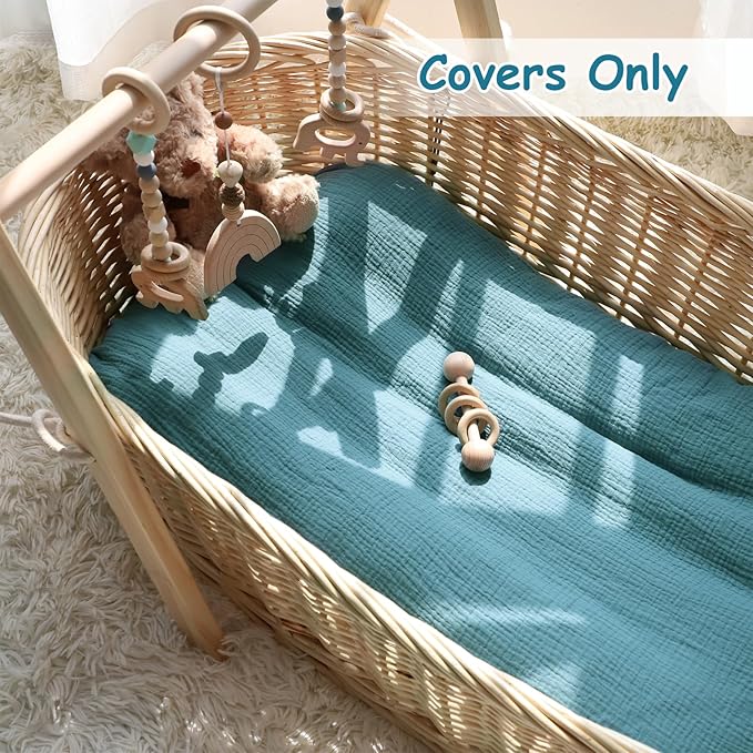 Hooyax Baby Lounger Cover 2 Pack - 100% Muslin Cotton Newborn Lounger Pillow Covers Only, Soft Breathable Infant Lounger Cover with Reinforced Stitching, Fits Most Standard Baby Loungers (Blue Ginger)-BubblyBeeBaby