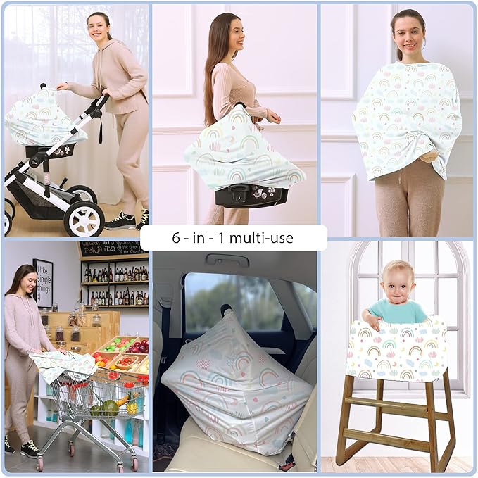 Car Seat Covers for Babies - Multi- use Nursing Carseat Canopy, Breastfeeding Covers, Baby Shower Gifts for Boys and Girls (Rainbow)-BubblyBeeBaby