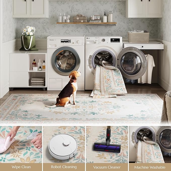 jinchan Hallway Runner Rug 2x8 Vintage Floral Distressed Design - Machine Washable Non-Slip Low-Pile Soft Thin Faux Wool Kitchen Carpet for Farmhouse Bedroom Laundry Room(2x8ft,Apricot Multi)-BubblyBeeBaby