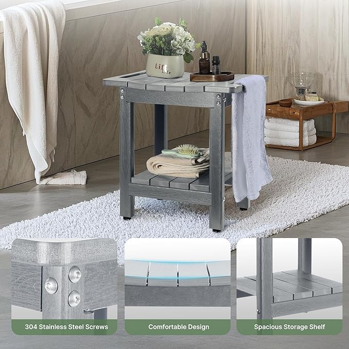 HDPE Shower Bench Seat Capacity 300LB, Waterproof Bathroom Stool with Side Carry Holes, Compact 16.8" L Design, Non-Slip Shower Seat for Elderly, Shaving Legs & Spa - Indoor/Outdoor Use (Gray)-BubblyBeeBaby