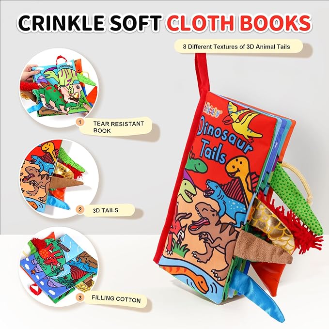 Jollybaby Baby Books 0-6 Months, Touch and Feel Crinkle Soft Cloth Books for Infants Babies, Toddler Early Educational Interactive Stroller Sensory Toys, Baby Girl & Boy Gift(Dinosaur Tails)-BubblyBeeBaby