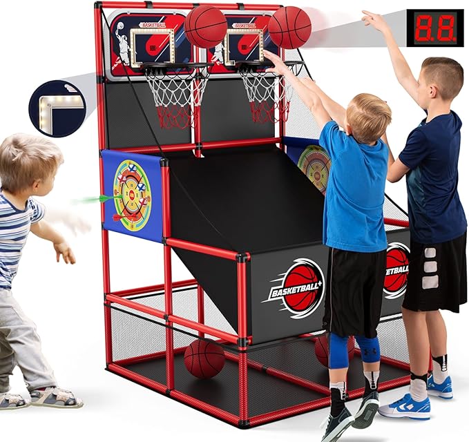 2 in 1 Dual Shot Basketball Arcade Game with 2 Dart Boards/Electronic Scoreboard/LED Light, Kids Basketball Hoop for Home Indoor Outdoor, Sport Toys Gifts for Boys Girls-BubblyBeeBaby