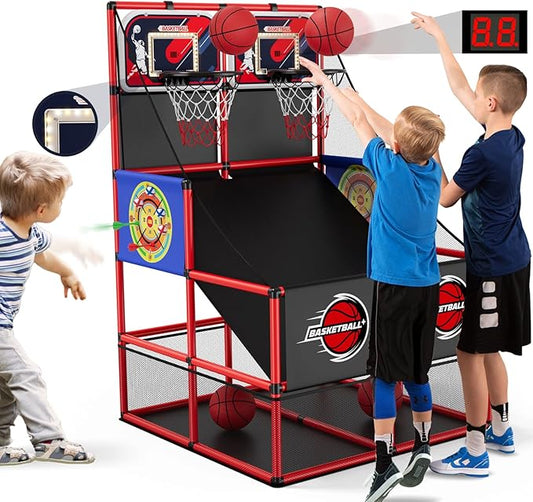2 in 1 Dual Shot Basketball Arcade Game with 2 Dart Boards/Electronic Scoreboard/LED Light, Kids Basketball Hoop for Home Indoor Outdoor, Sport Toys Gifts for Boys Girls-BubblyBeeBaby
