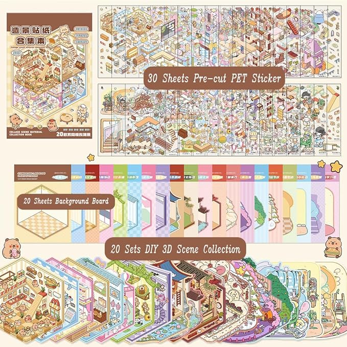 20 Sets DIY 3D Sticker Scenes for Adults Relief Stress, Cute Kawaii 3D House Sticker Therapy for Women Teen Girls Kids Pass The Time, Make Your Own Mini Room Scene Collection Book with Tweezer-BubblyBeeBaby