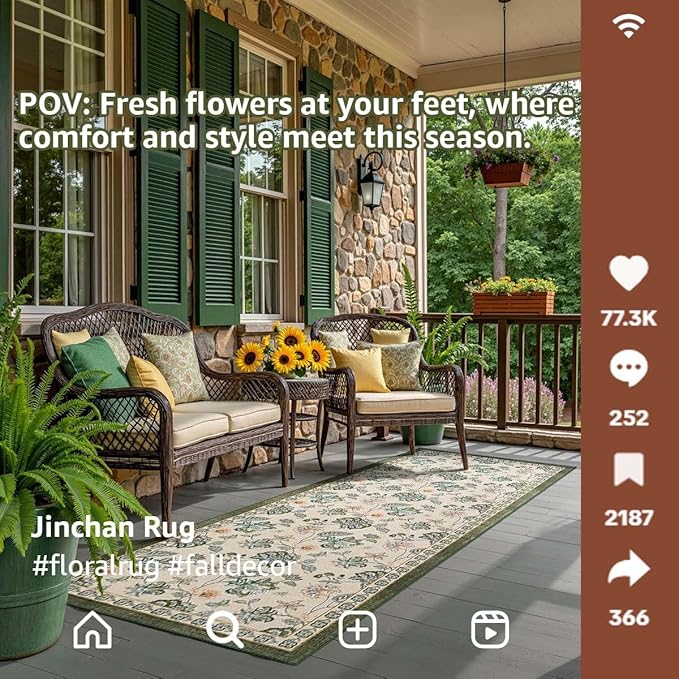 jinchan 3x10 Floral Runner Rug for Hallway Washable Kitchen Runner Vintage Romance Design Non Slip Thin Indoor Floor Cover Low-Profile Throw Carpet for Entryway Bathroom Bedroom Porch, Green/Beige-BubblyBeeBaby