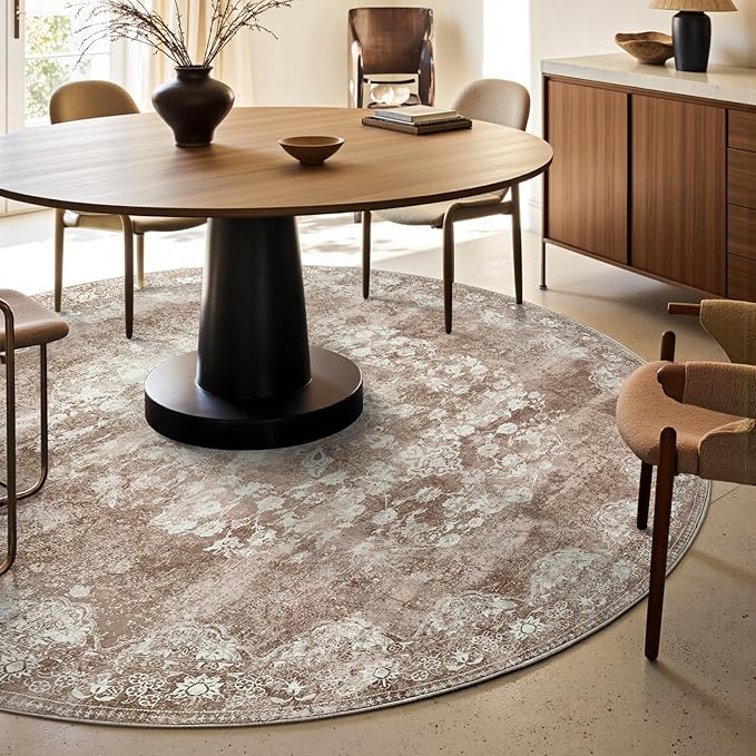 jinchan Round Rug 6ft Area Rug - Brown Vintage Floor Mat Kitchen Indoor - Washable Circle 6' Thin Floral Print Carpet Retro Farmhouse Non Slip Dining Room Living Room Bedroom Office-BubblyBeeBaby