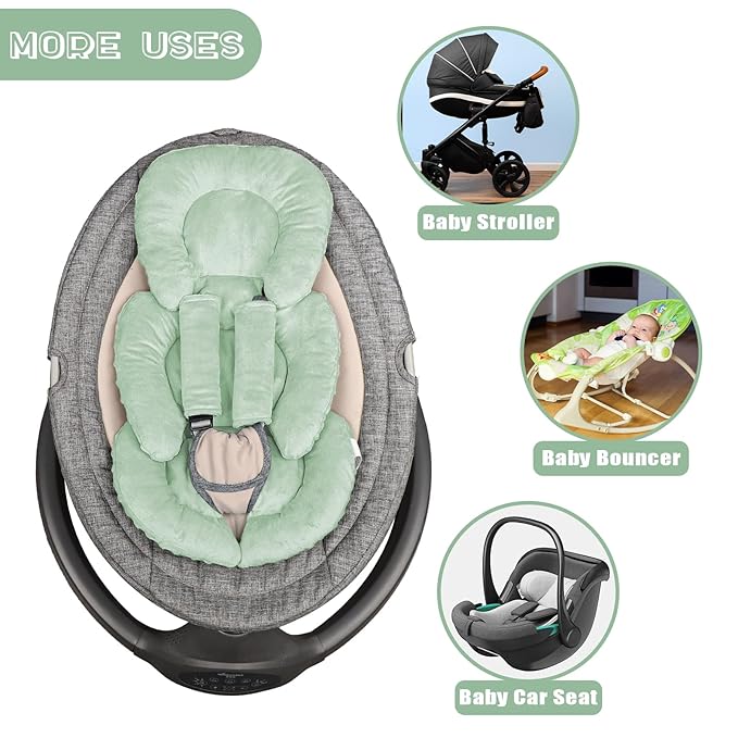 GFU Infant Car Seat Insert Head and Body Support, Reversible Newborn Insert for Carseat with Strap Pads, Soft Stroller Cushion Pillow Insert for Boys and Girls, Fits for Stroller, Swing, Green-BubblyBeeBaby