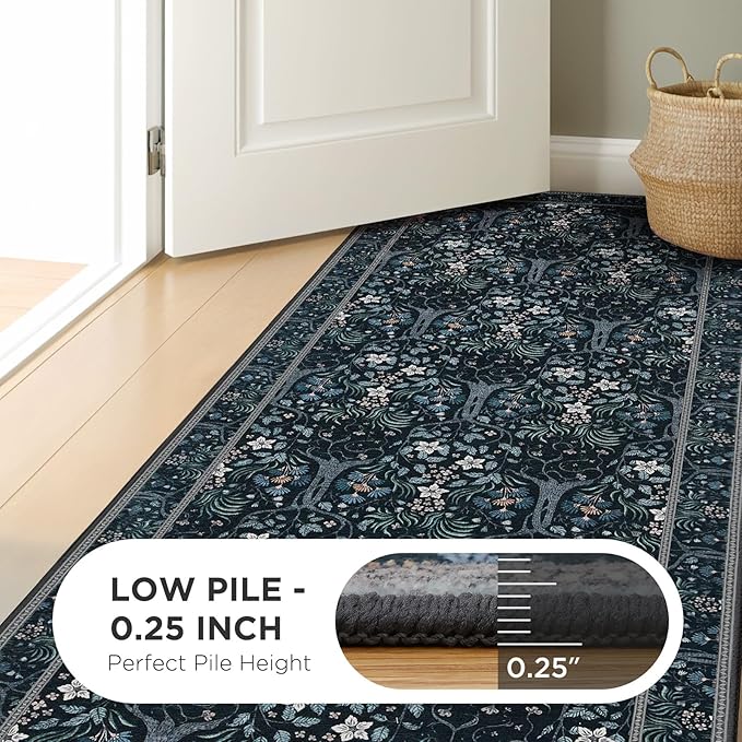 Joydeco Floral Washable Runner Rug for Kitchen, Forest Hallway Rug Runner 2x6 Non Slip, Boho Botanical Ultra-Thin Soft Indoor Floor Throw Carpet for Bathroom Entryway Foyer, Blue-Black-BubblyBeeBaby