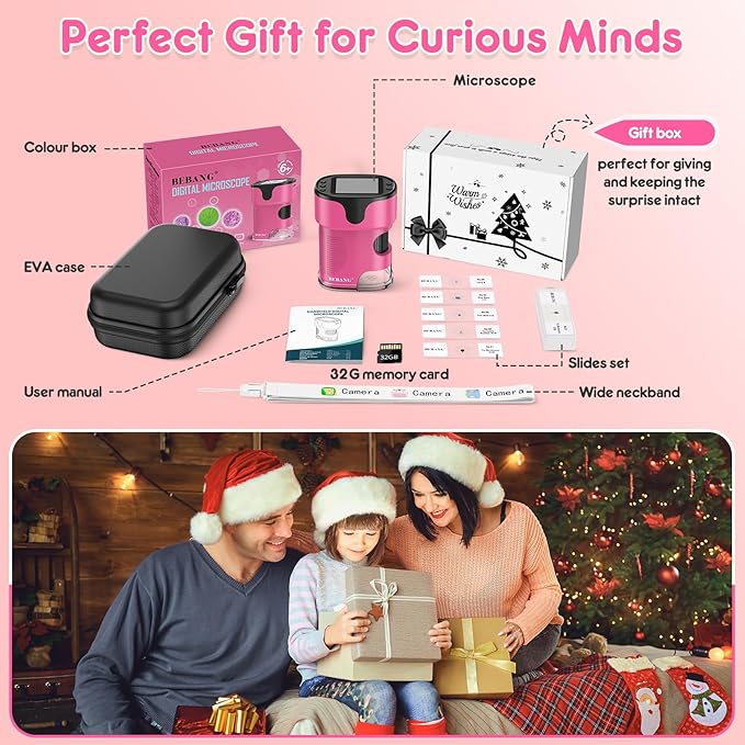 1000X Handheld Microscope for Kids 4K 2.0" Screen Rechargeable Mini Pocket Digital Microscopes w/Slides Kit Portable Edu Gift Age 4-6 8-12 Children Students (Pink)-BubblyBeeBaby