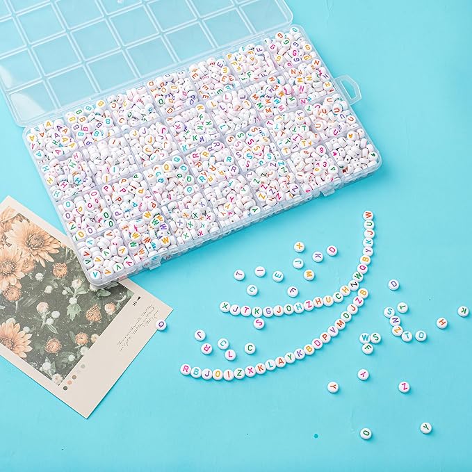 1400pcs Letter Beads, 4x7 mm Acrylic Alphabet Beads, Beads for Jewelry and Bracelet Making, in 28 Grid Box (White and Colorful)-BubblyBeeBaby