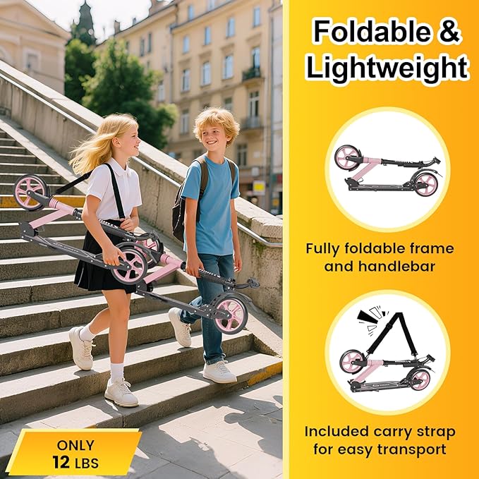 Kick Scooter for Kids Teens & Adults, 4 Adjustable Heights, 8IN All Terrain Big Wheels, Dual Brakes & Dual Suspension, Foldable and Lightweight, Gifts for Girls Boys-BubblyBeeBaby