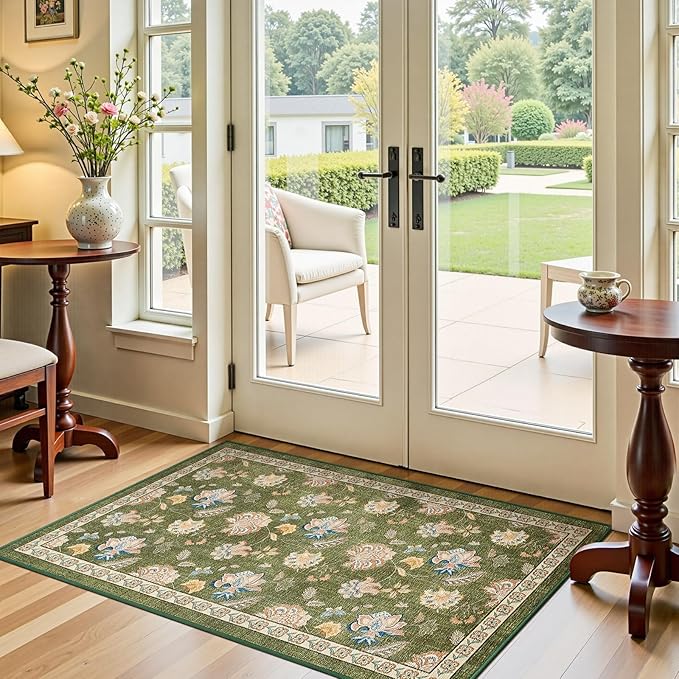jinchan 3x5 Floral Rug for Entryway Washable Kitchen Rug Vintage Romance Design Small Mat Non Slip Indoor Doormat Lightweight Low-Profile Throw Carpet for Entrance Bathroom Laundry Room, Green-BubblyBeeBaby