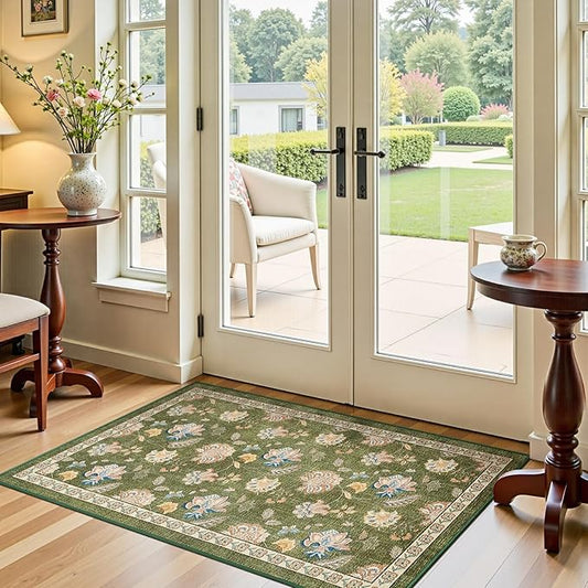 jinchan 3x5 Floral Rug for Entryway Washable Kitchen Rug Vintage Romance Design Small Mat Non Slip Indoor Doormat Lightweight Low-Profile Throw Carpet for Entrance Bathroom Laundry Room, Green-BubblyBeeBaby