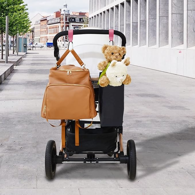 2 Pcs Stroller Hooks for Hanging, Portable Leather Style Stroller Clip Straps, Baby Stroller Hooks for Diaper Bags Grocery Shopping Bags, Mommy Hook for Stroller(Pink)-BubblyBeeBaby