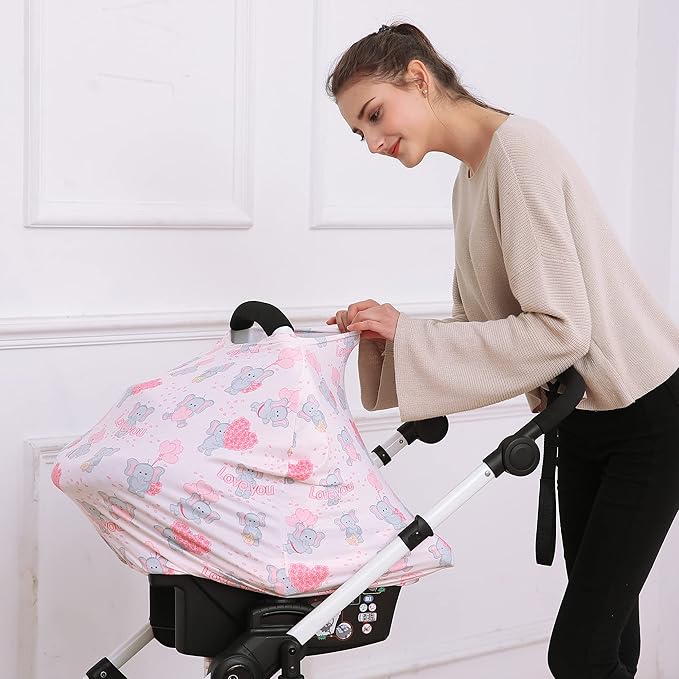 Baby Car Seat Covers, Carseat Canopy, Boys Girls Privacy Breastfeeding Cover (Cute Elephant)-BubblyBeeBaby