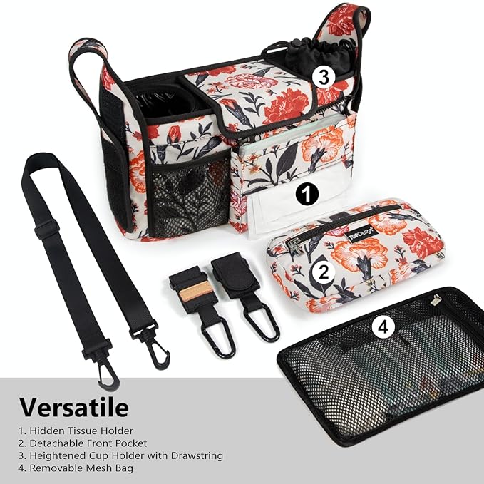 TOPDesign Universal Baby Stroller Organizer, Stroller Caddy with Detachable Mesh Bag & Heightened Insulated Cup Holders & Non-Slip Secure Hooks Accessories, Fits Most Strollers (Trumpet Vine)-BubblyBeeBaby