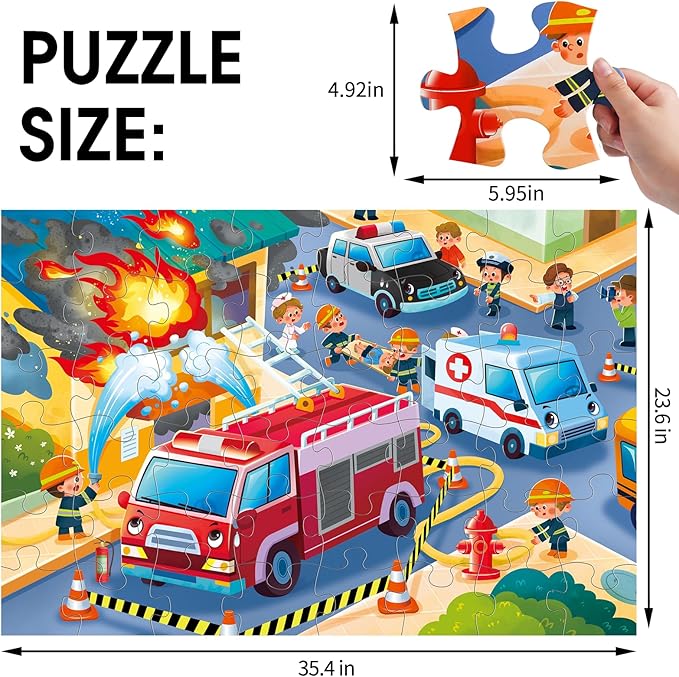Jumbo Floor Puzzle for Kids,Fire Rescue Jigsaw Large Puzzles,48 Piece Firefighter Fireman Fire Truck Puzzle for Toddler Ages 3-5,Children Learning Preschool Educational Toys,Gift for 4-8 Years Old-BubblyBeeBaby