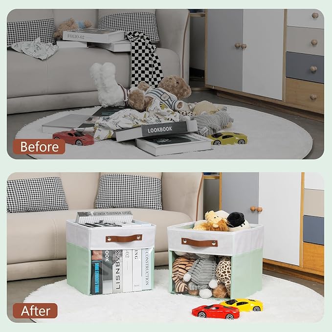 HNZIGE Clear Storage Cubes Bins 11 x 11, Fabric Storage Cube Bins for Storage Organizer,Shelf Storage Bin for Organizing, Cubby Foldable Cube Organizer Bin for Storage Blanket Home(White Green 6PCS)-BubblyBeeBaby