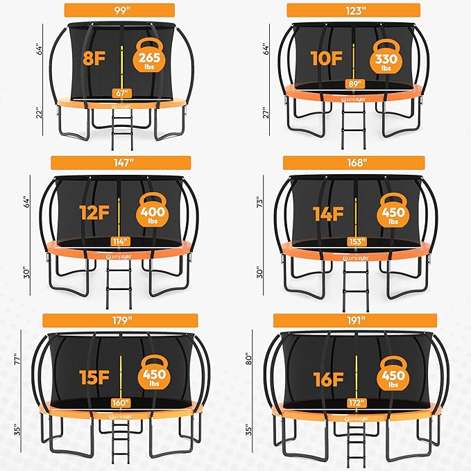 JUMPZYLLA Trampoline Outdoor 8FT 10FT 12FT 14FT 15FT 16FT with Enclosure and Ladder, ASTM Approved Recreational Trampoline for Kids and Adults, Anti-Rust Coated Frame-BubblyBeeBaby