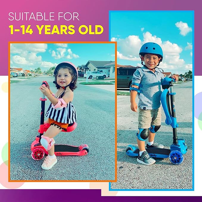 Hurtle 3-Wheeled Scooter for Kids - Wheel LED Lights, Adjustable Lean-to-Steer Handlebar, and Foldable Seat - Sit or Stand Ride with Brake for Boys and Girls Ages 1-14 Years Old-BubblyBeeBaby
