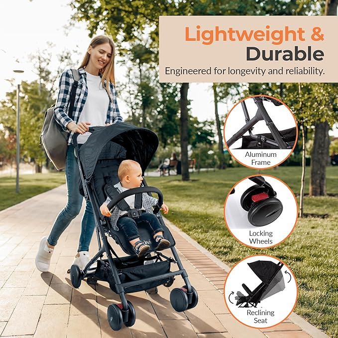 Jovial Lightweight Baby Stroller, Folding Travel Stroller with Reclining Seat, Canopy, 5-Point Safety Harness, Storage Basket, Smooth Wheels, Compact Portable Design (39.8" x 18.7" x 32.3")-BubblyBeeBaby