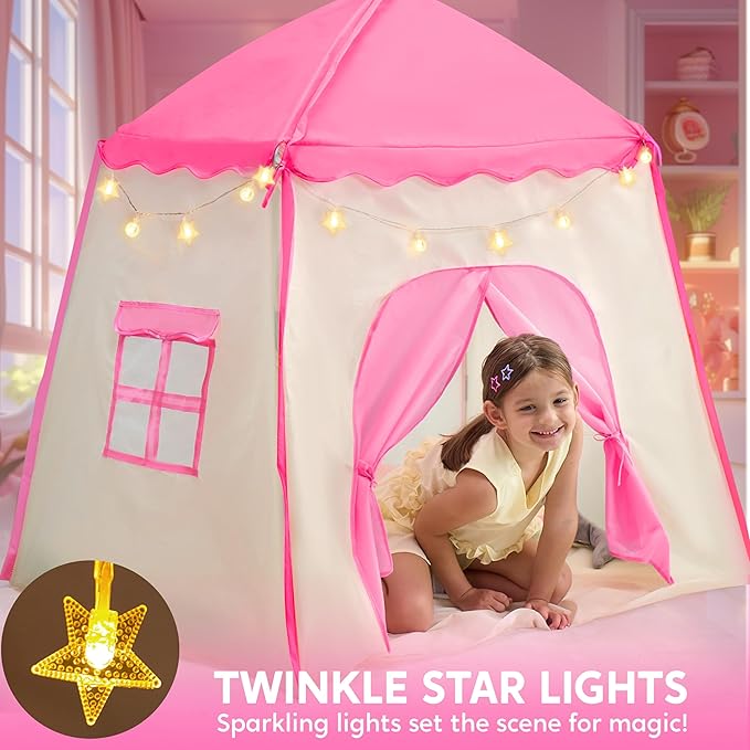 JOYIN Pink Princess Tent for Girls with LED Star Lights-Indoor & Outdoor Large Playhouse Kids Castle Play Tent for Children Indoor and Outdoor Games-BubblyBeeBaby