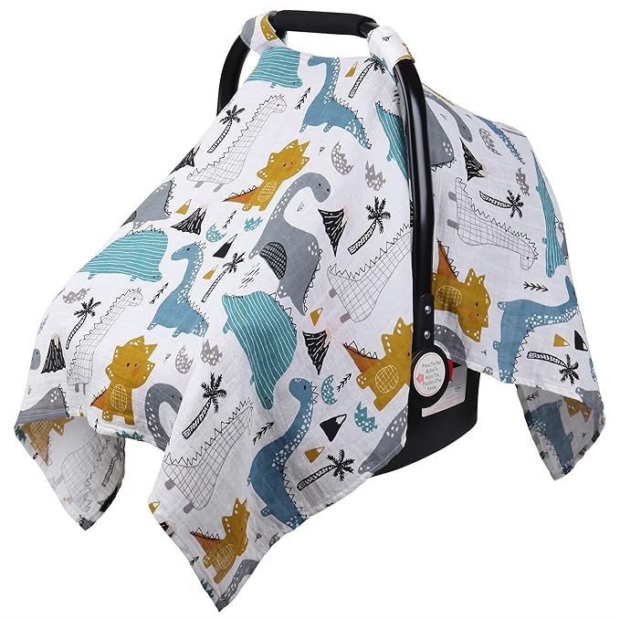 Rquite Dinosaurs Carseat Cover - Muslin Cotton Infant Car Seat Canopy, Breathable Baby Carrier Cover, Summer Stroller Sun Shade-BubblyBeeBaby
