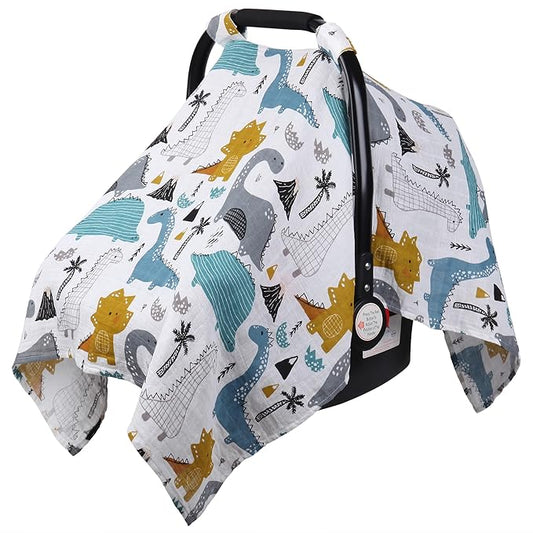 Rquite Dinosaurs Carseat Cover - Muslin Cotton Infant Car Seat Canopy, Breathable Baby Carrier Cover, Summer Stroller Sun Shade-BubblyBeeBaby