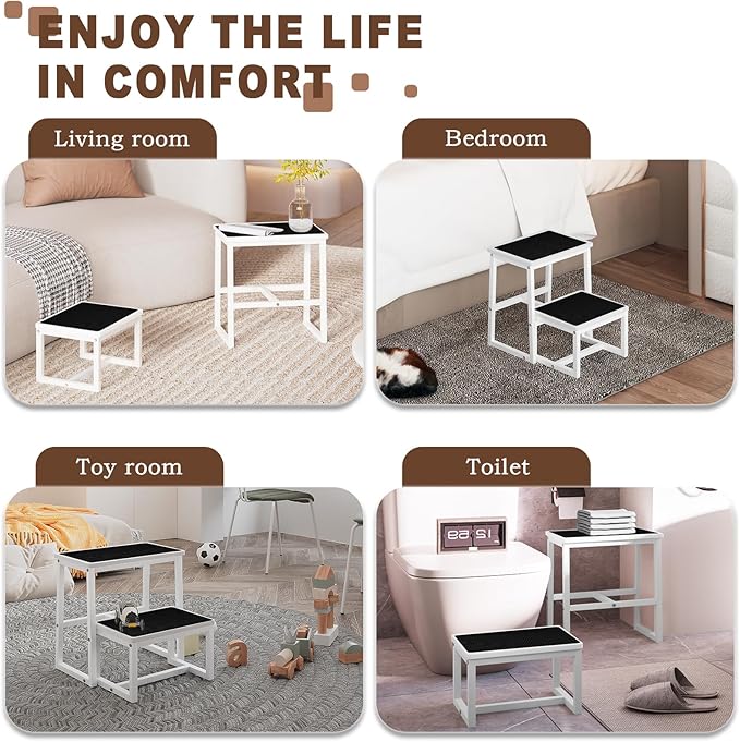 2 Step Stools for Adults Kids, Anti-Slip Sturdy Wooden Foot Stools with 500 Lbs Capacity for High Beds,Closet, Bathroom,Kitchen, Potty Training-BubblyBeeBaby