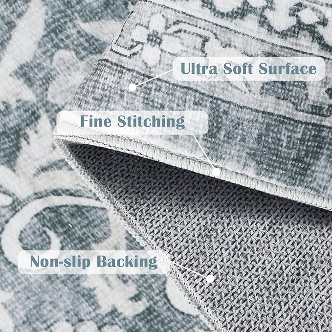 jinchan Runner Rug 2x6 - Machine Washable Grey Vintage Floral Distressed Design Soft Non-Slip Low-Pile Ultra-Thin Runner Rug for Kitchen Hallway Laundry Room Entryway Farmhouse (2‘x6',Grey)-BubblyBeeBaby