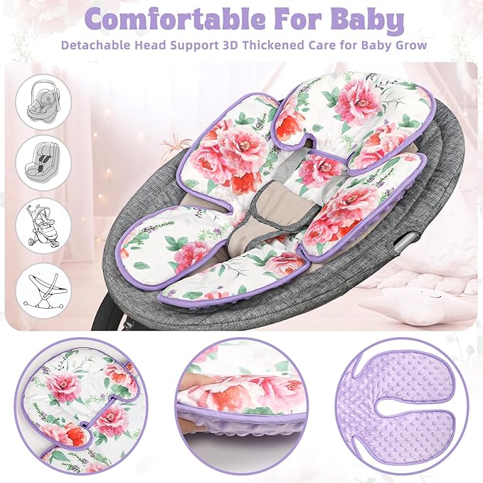 Pea Pod Infant Car Seat Insert 2-in-1 Baby Car Seat Head & Body Support for Newborn Girl Reversible 3 Layer Warm Preemie Carseat Stroller Cushion Headrest with Soft Minky Dot Fabric, Pink Floral-BubblyBeeBaby