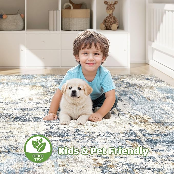 12x15 Area Rugs Washable Rug: Living Room Large Abstract Modern Soft Stain Resistant Indoor Floor Non Slip Accent Carpet for Bedroom Nursery Playroom Office Dining Room Dorm Home House- Blue-BubblyBeeBaby