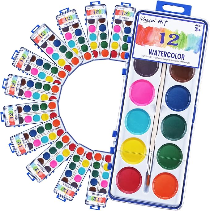 12 Color Watercolor Paint for Kids, 12 Pack Washable Water Color, Classroom Set, Woodbrushes Included-BubblyBeeBaby