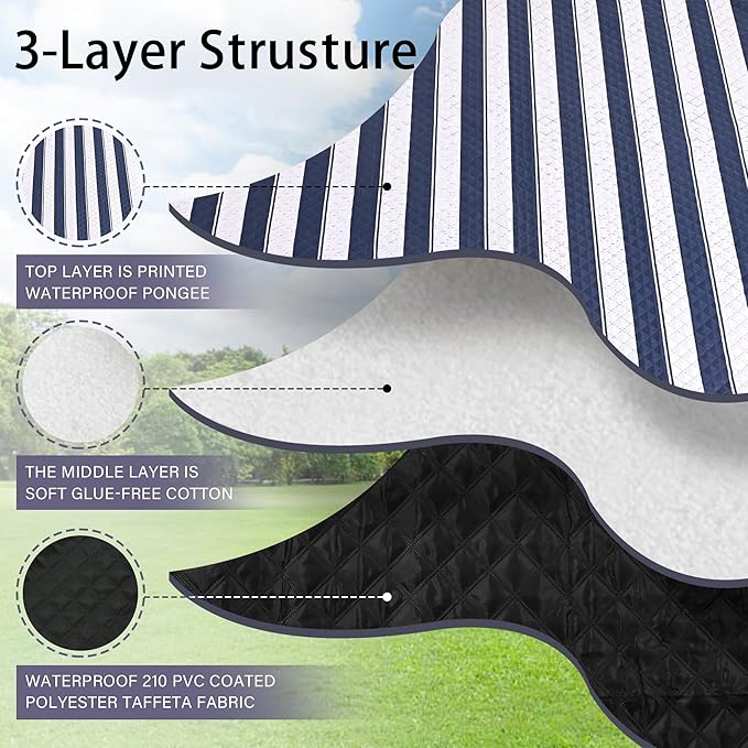 HX&OD Outdoor Picnic Blanket Extra Large, 80''*80'' Waterproof Picnic Mat with Stakes Foldable Camping Blanket Portable with Carry Strap for Beach Mat (Blue& White, 80''*80'')-BubblyBeeBaby