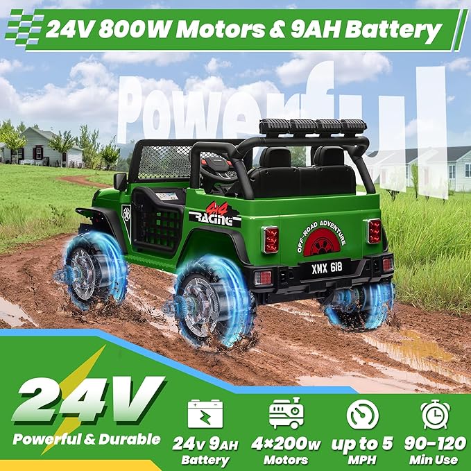 24V 4WD Ride on Truck Car w/800W Motors, Gift Flower, Remote Control, 2 Seaters, Light Bar, 3 Speeds, Pop Music, Power Four Wheels, 24 Volt Ride on Toy Car for Big Kids, Green-BubblyBeeBaby