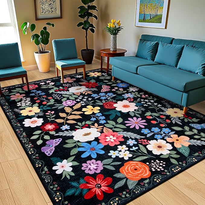 10x14 Area Rugs for Living Room: Floral Washable Rug Vintage Large Soft Boho Non-Slip Carpet Stain Resistant Low Pile Carpets for Bedroom Dining Room Farmhouse Nursery Hallway Home Office Black-BubblyBeeBaby