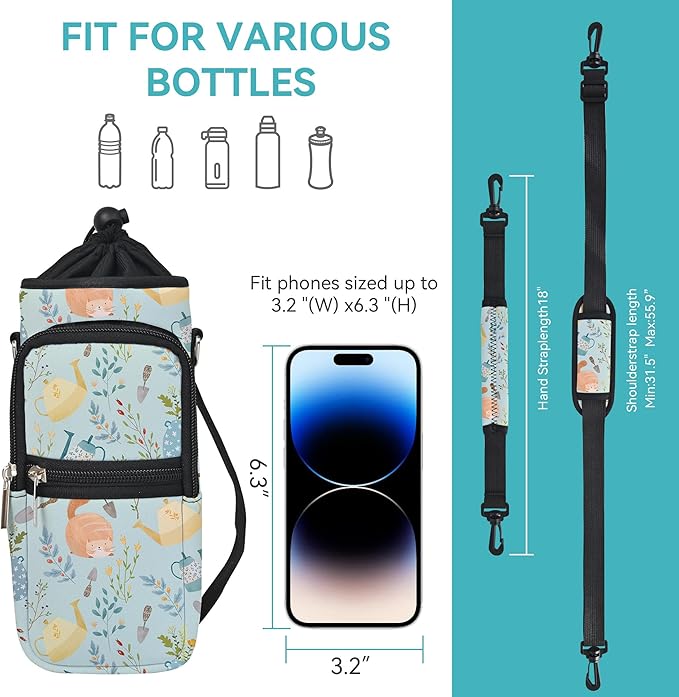 25/32/40/64oz Water Bottle Bag Holder Carrier-Insulated Crossbody Sling Case Sleeve with Strap & Pockets for Men Women Gym Cycling Travel Walking Hiking Camping-BubblyBeeBaby