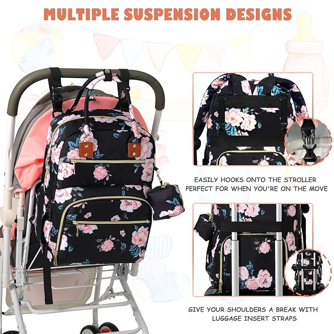 Baby Diaper Bag Backpack, Travel Diaper Bags for Girl Boy Large Capacity Baby Bag Backpack for Women Black Floral-BubblyBeeBaby