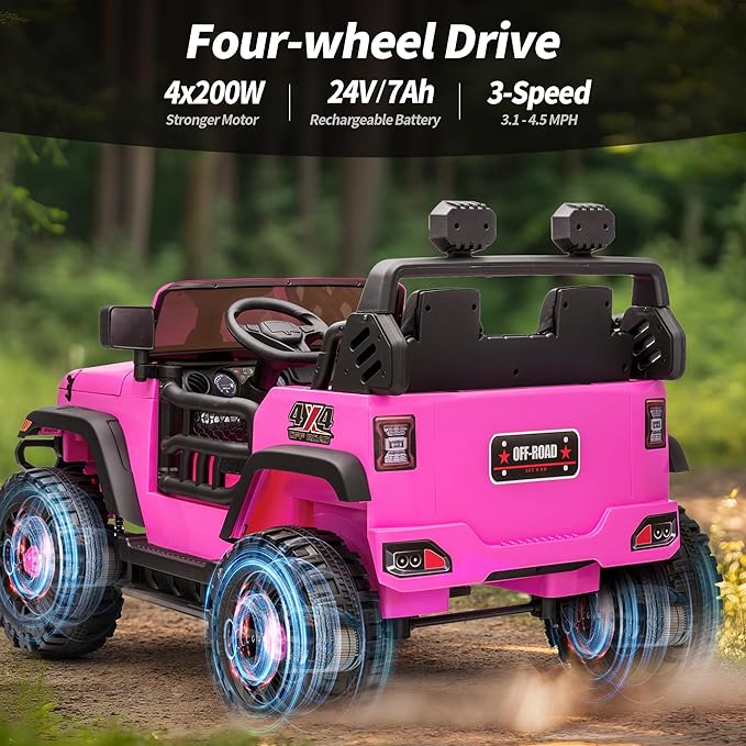 2 Seater Ride on Toy Car for Kids, 24V 4x4 Ride-on Truck Kids Electric Car w/Remote Control, 4x200W Motors - Hot Pink-BubblyBeeBaby