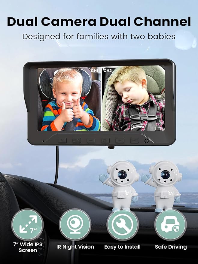 GROWNSY Dual Car Camera Baby Monitor, 7" 1080P AHD Car Camera for 2kids, Backseat Mirror for Baby Rear Facing with Infrared Night Vision, Easily Observe Baby's Every Move-BubblyBeeBaby