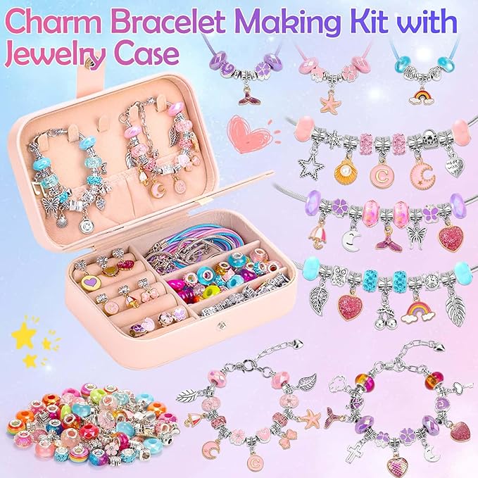 140 PCS Charm Bracelet Making Kit for Girls Age 8-12 Charm Beads for Kids Jewelry Making DIY Bracelet Craft Kit for Girls Valentine Christmas Birthday Gifts with Portable Bracelet Box-BubblyBeeBaby